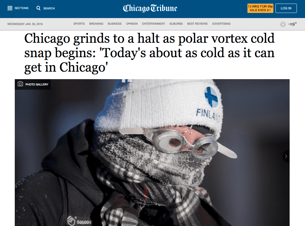 A Chicago Tribune photo gallery showed images of the city and surrounding areas, including the “frigid Chicago lakefront.”